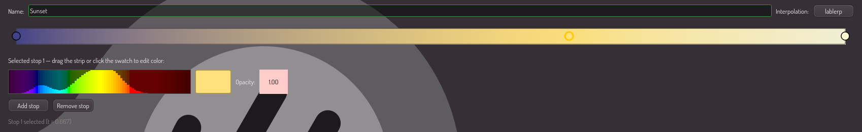 The gradient editor on a three-stop Sunset variant: name + interpolation header, the live track with the selected stop highlighted, and the per-stop spectral strip, color swatch and opacity cell.