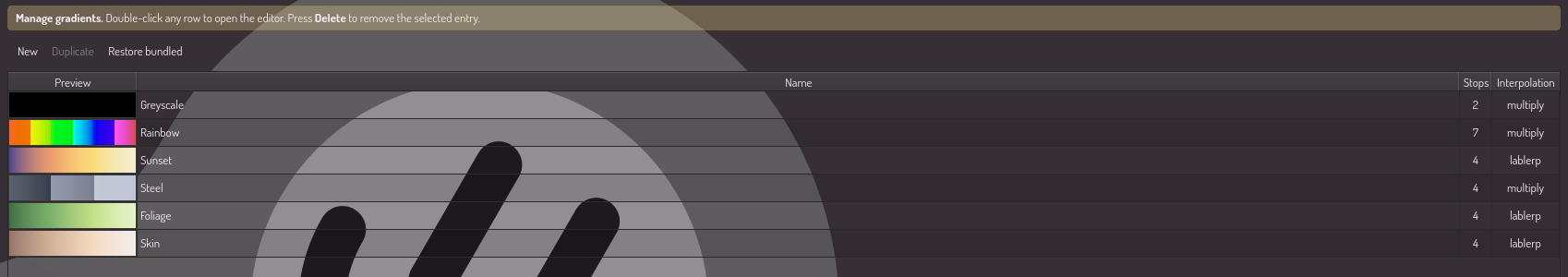 The gradient library listing the six bundled starters with live preview strips, stop counts and interpolation modes.