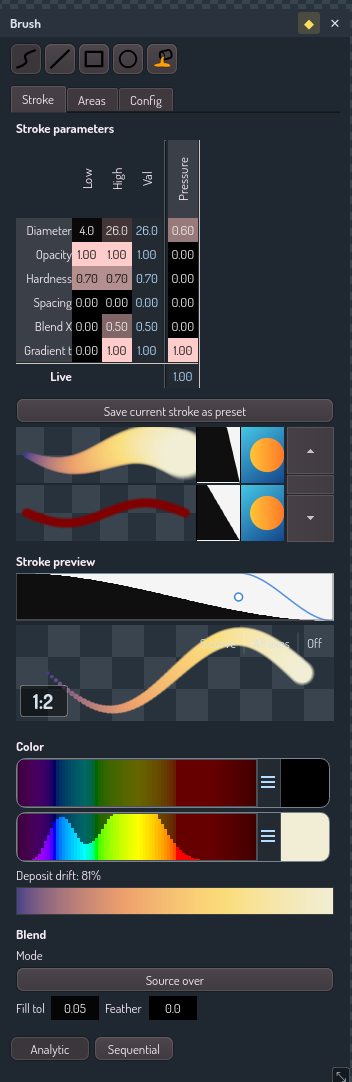 The Stroke tab with a gradient selected: the GradientT row is wired to pressure, the preset well and stroke preview render the sweep, and the Color group shows the active gradient strip.