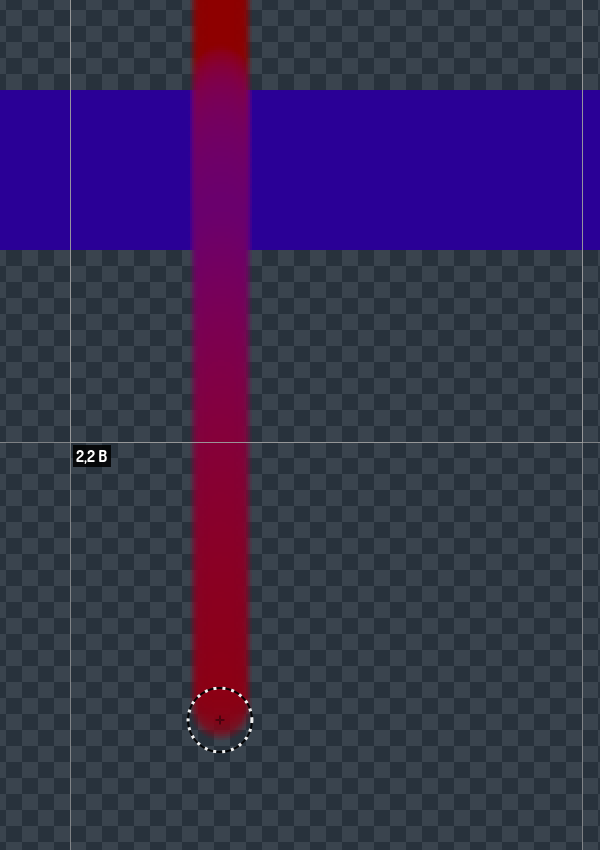 A red wetness stroke (Wetness 0.85, Trail 0.7) crossing a blue band: the stroke drinks blue while inside the band and the picked-up violet fades out over the trail length below it.