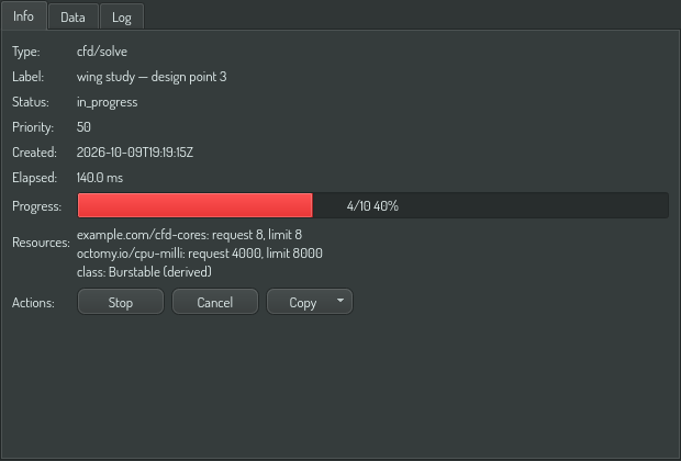 The resource section of a job's detail: request, limit, and the derived service class