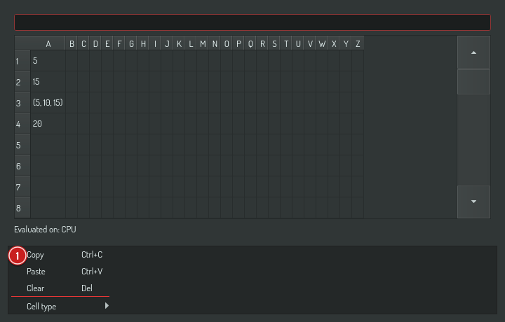 The right-click type menu on a selected cell