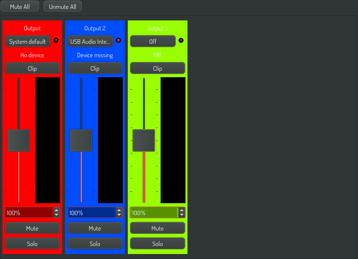 The mixer with three lanes: one on the default card, one whose card is missing, and one off