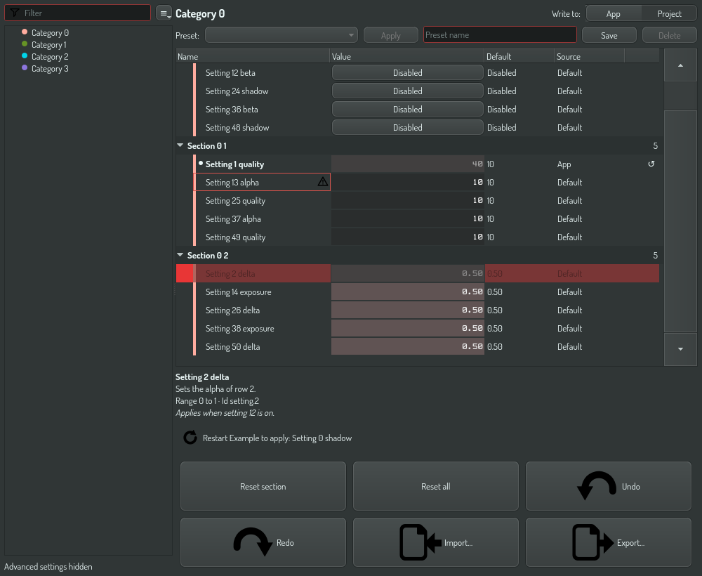 Changed, inherited, not applicable, invalid and restart rows, with the restart banner