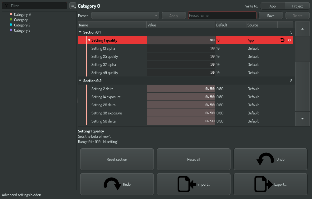 The settings window on one category, with the default columns