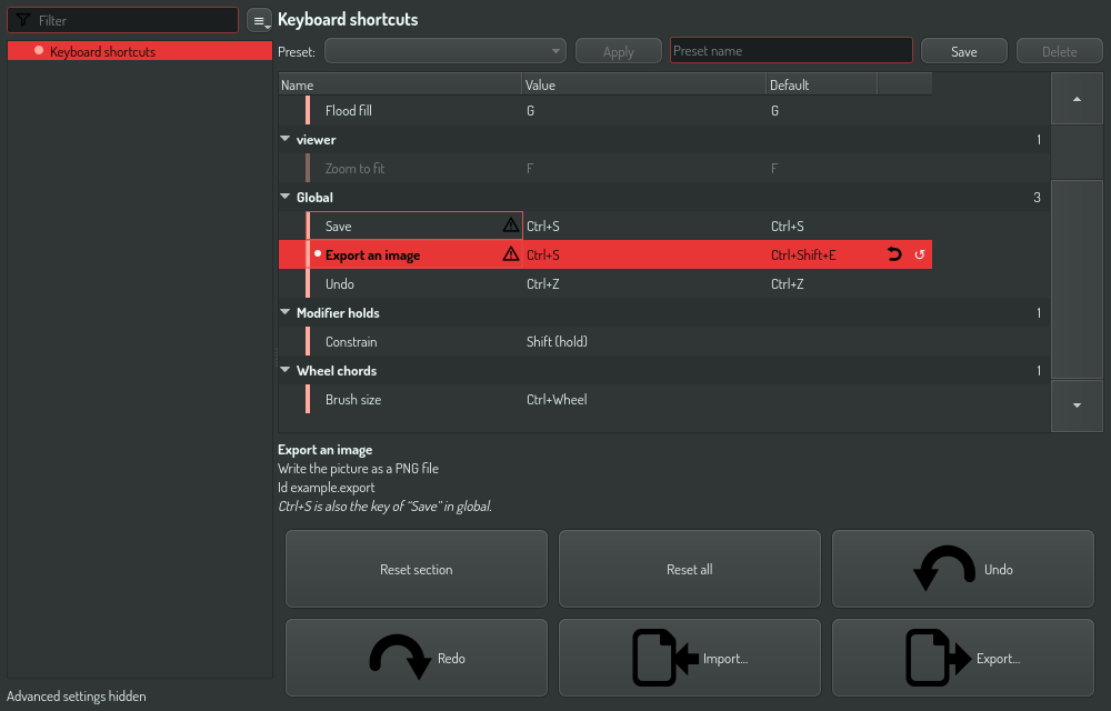 The keyboard shortcuts category with one conflict
