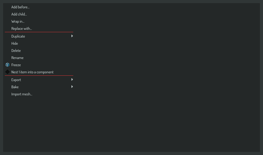 Bake and Export with their submenus on the branch's right-click menu