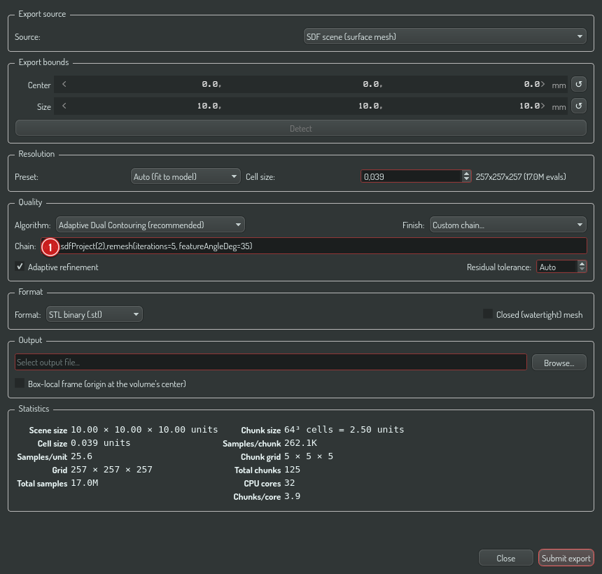 The export dialog carrying a sweep winner as a custom chain