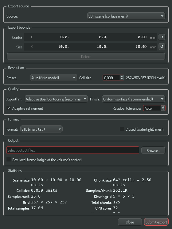 The export dialog's Backend group, with Native selected