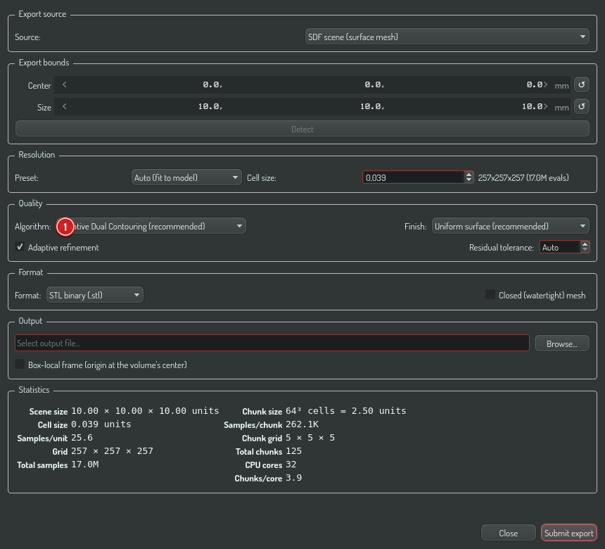 The export dialog's Quality group — algorithm choice and the optimize toggle