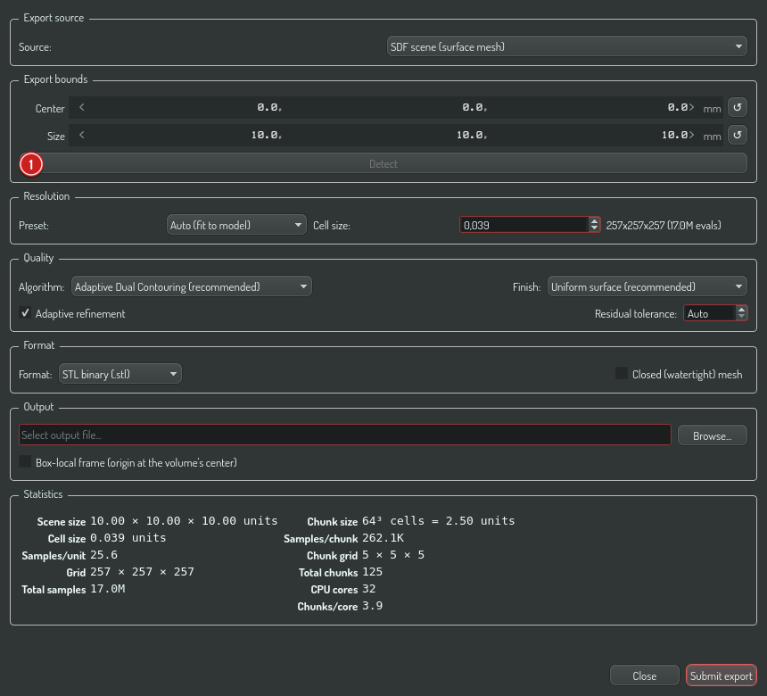 The Export bounds group, with the Detect button beside it