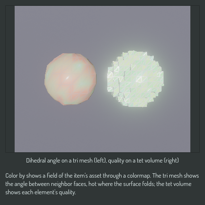 Dihedral angle on a tri mesh, quality on a tet volume