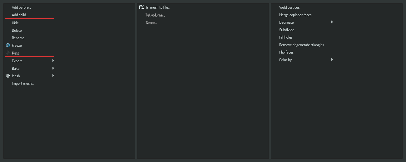 A mesh row's menu with the Export and Mesh submenus open