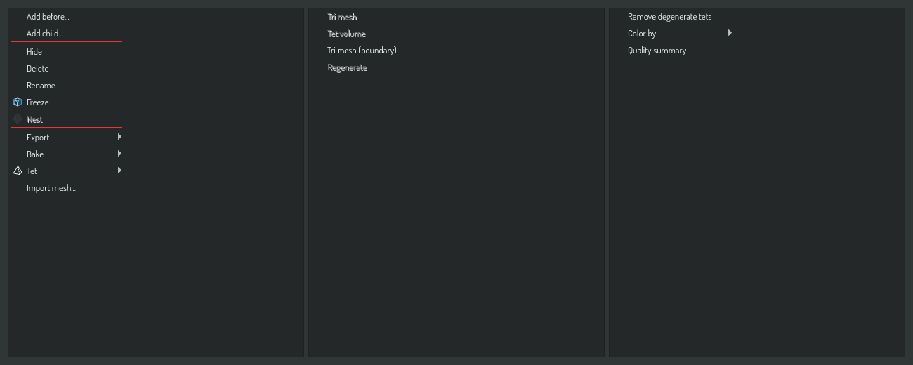 A tet volume row's menu with the Bake and Tet submenus open