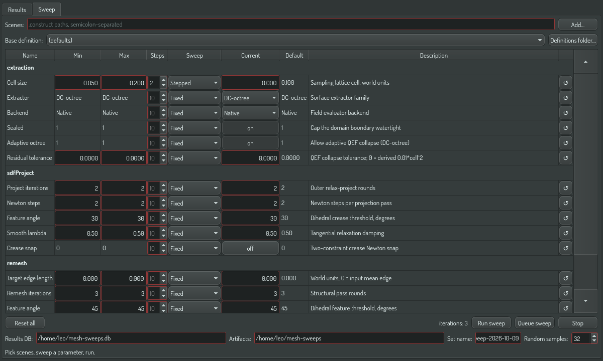 The Sweep tab with one stepped parameter
