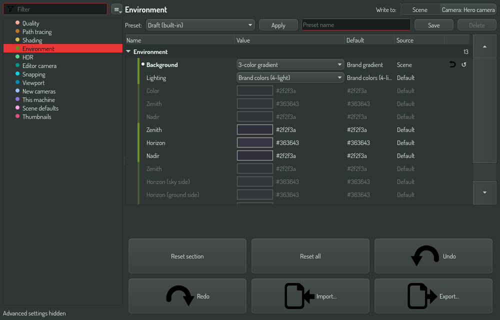 The settings window with the construct settings