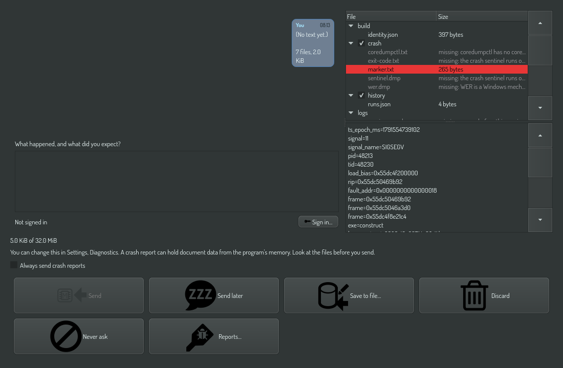 A crash report in the composer, with Always send crash reports and Never ask