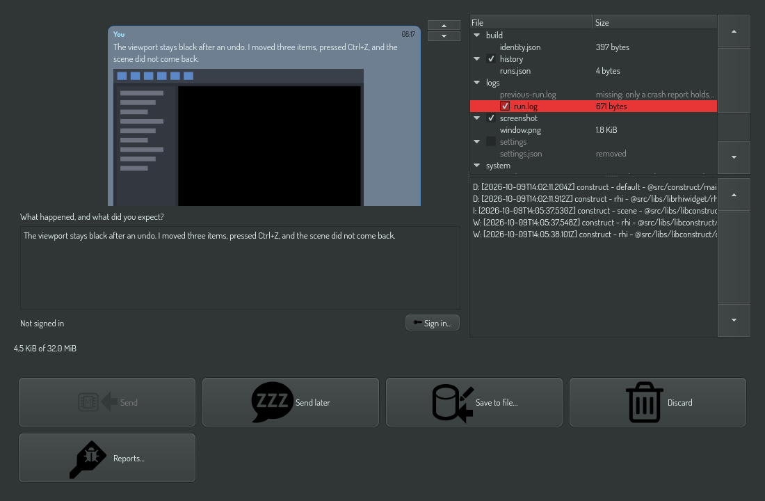 A user report in the composer: the text, the screenshot, the files with Settings removed, and the run's log