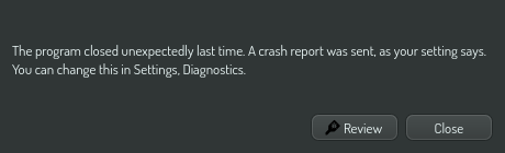 The notice after a crash, when the setting sends crash reports