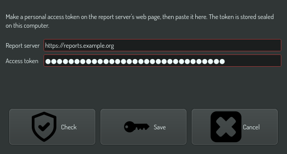 The sign-in dialog: the report server, the access token, Check and Save