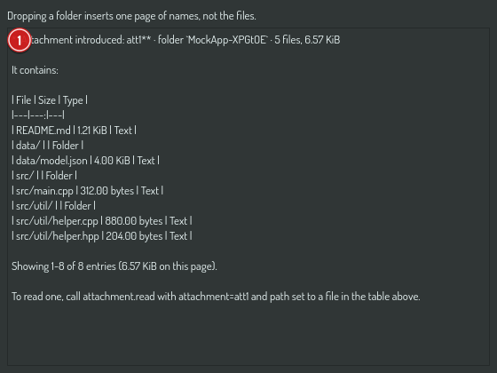 A dropped folder's first page in the chat input: names with sizes, the total, and the lines naming the next page and how to read a file