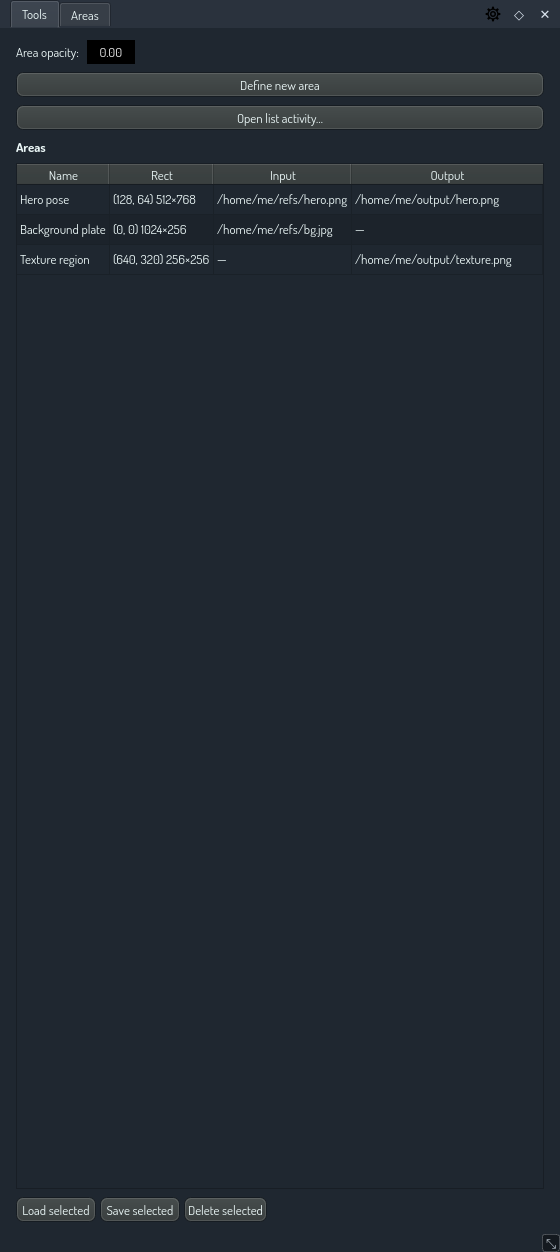 Areas tab with three rows.