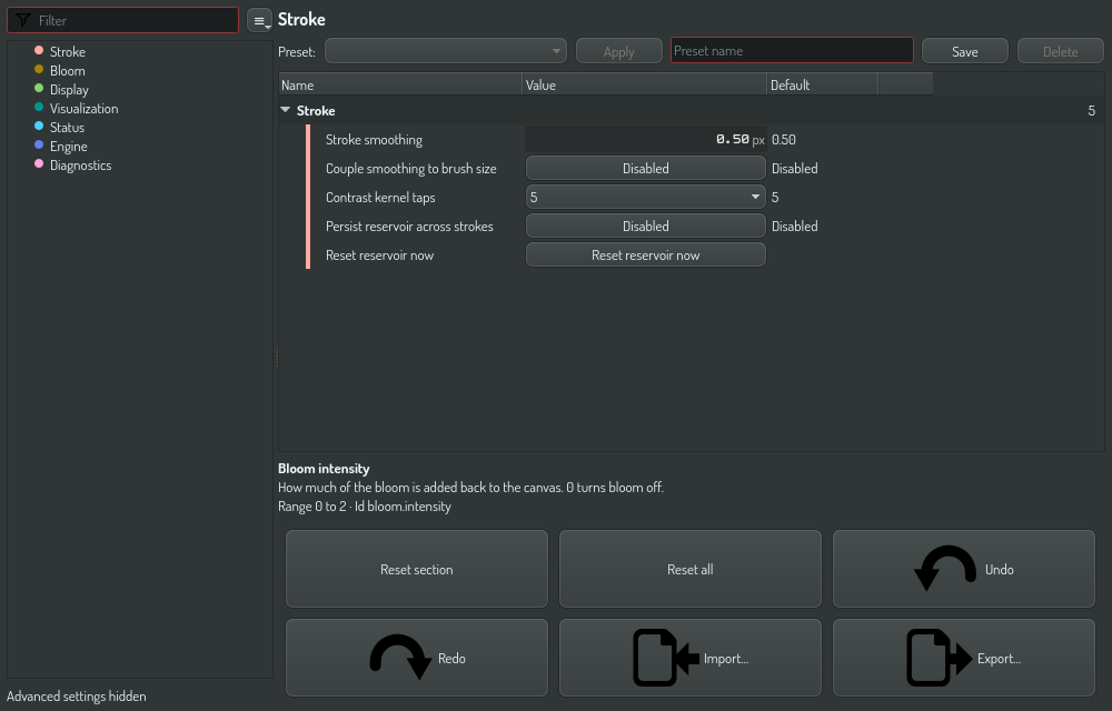 The paint settings window on the Bloom category