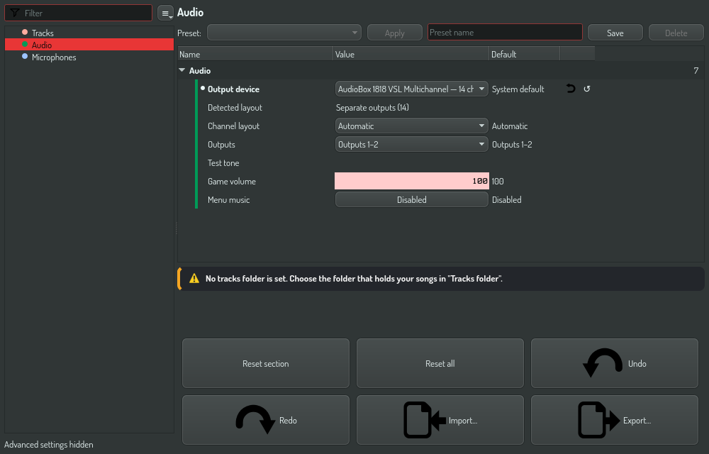 The settings window with a 14-output interface selected
