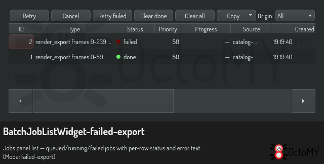 Jobs panel with a failed export