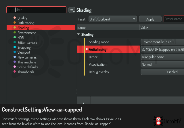 The antialiasing row with a budget-capped strategy selected