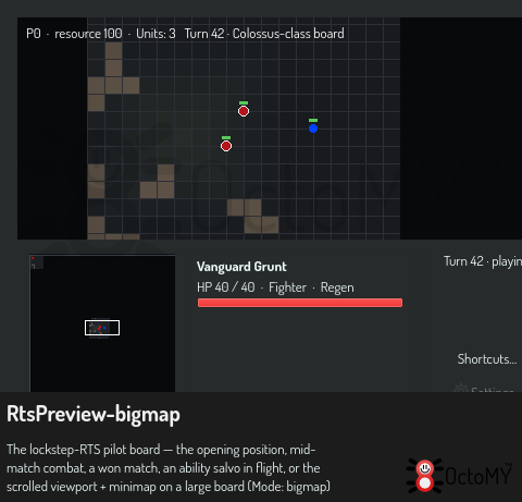 A large board: the viewport scrolled to a mid-map skirmish, with the minimap below